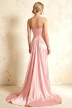 Ivy Pink Satin Rhinestones Corset Maxi Dress