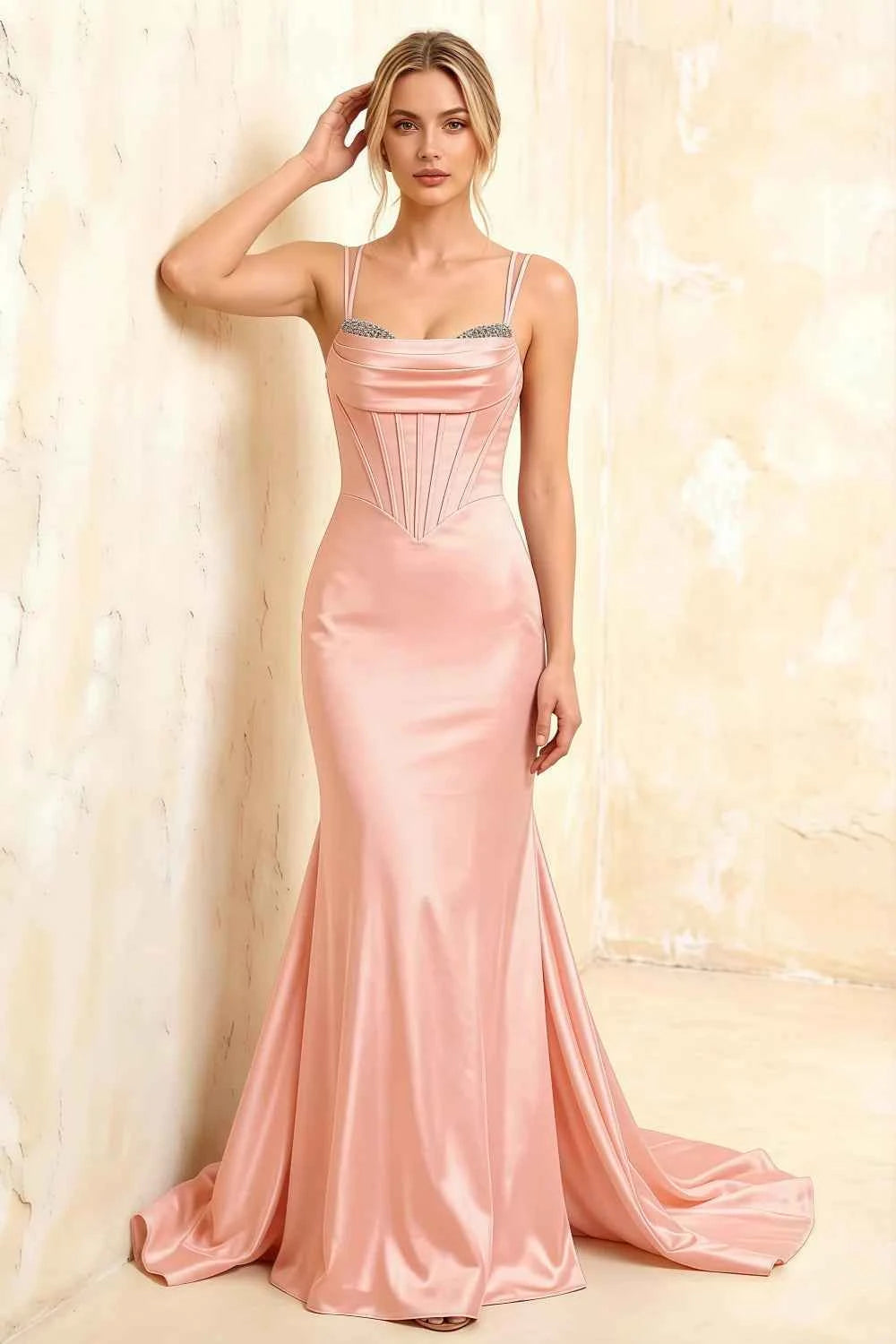 Ivy Pink Satin Rhinestones Corset Maxi Dress