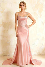 Ivy Pink Satin Rhinestones Corset Maxi Dress