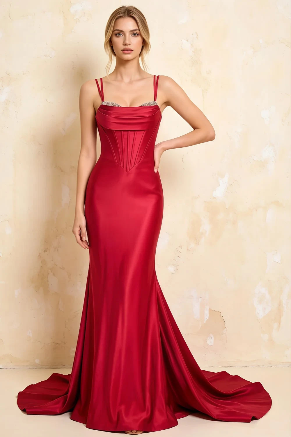 Ivy Red Satin Rhinestones Corset Maxi Dress Imagen principal del producto