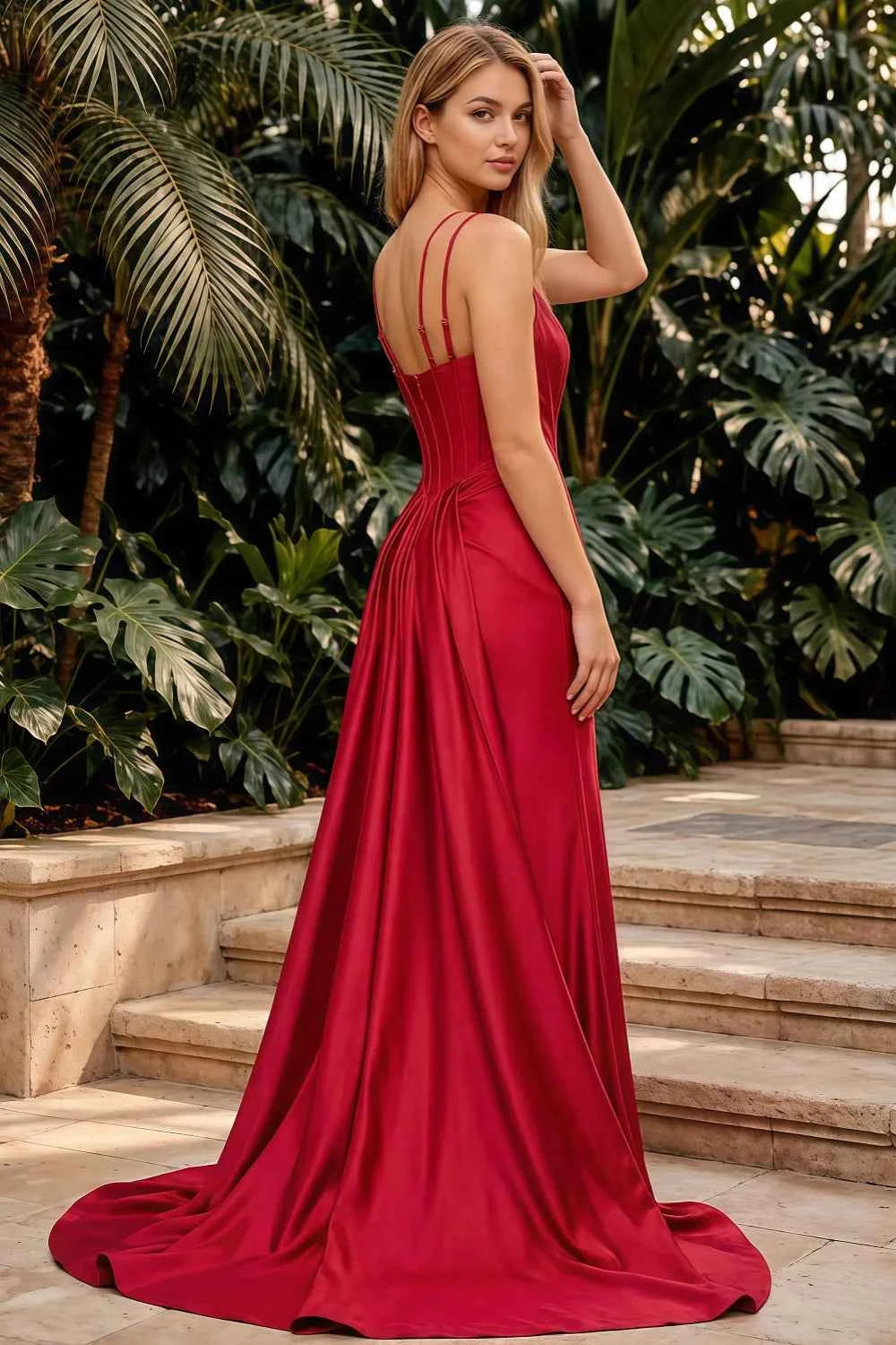 Ivy Red Satin Rhinestones Corset Maxi Dress