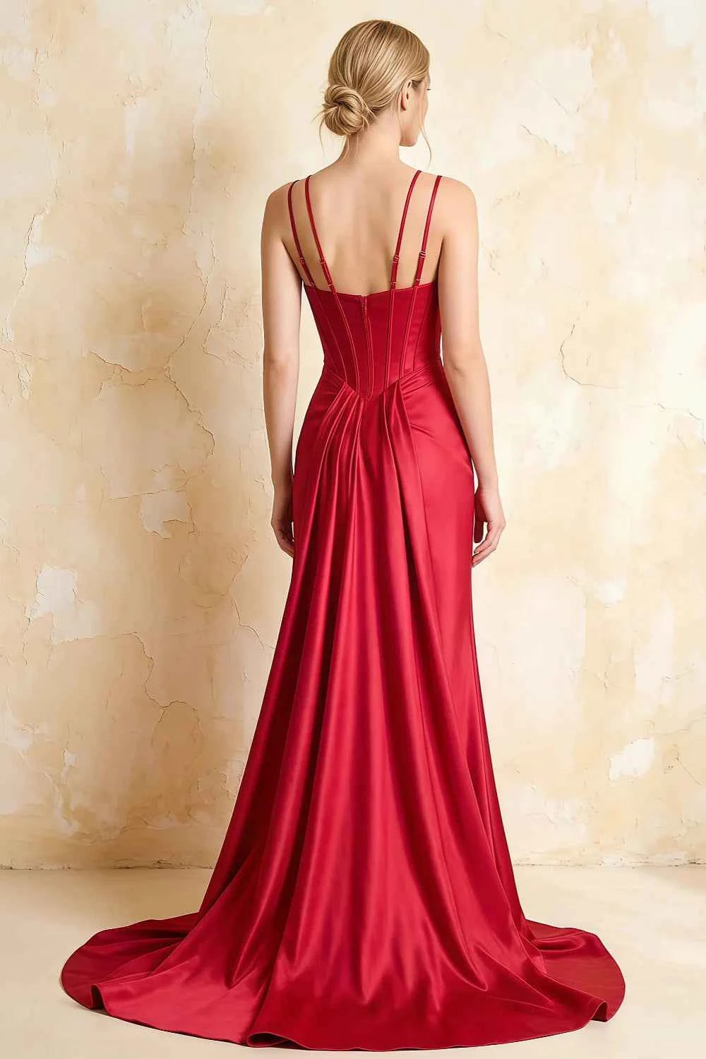 Ivy Red Satin Rhinestones Corset Maxi Dress