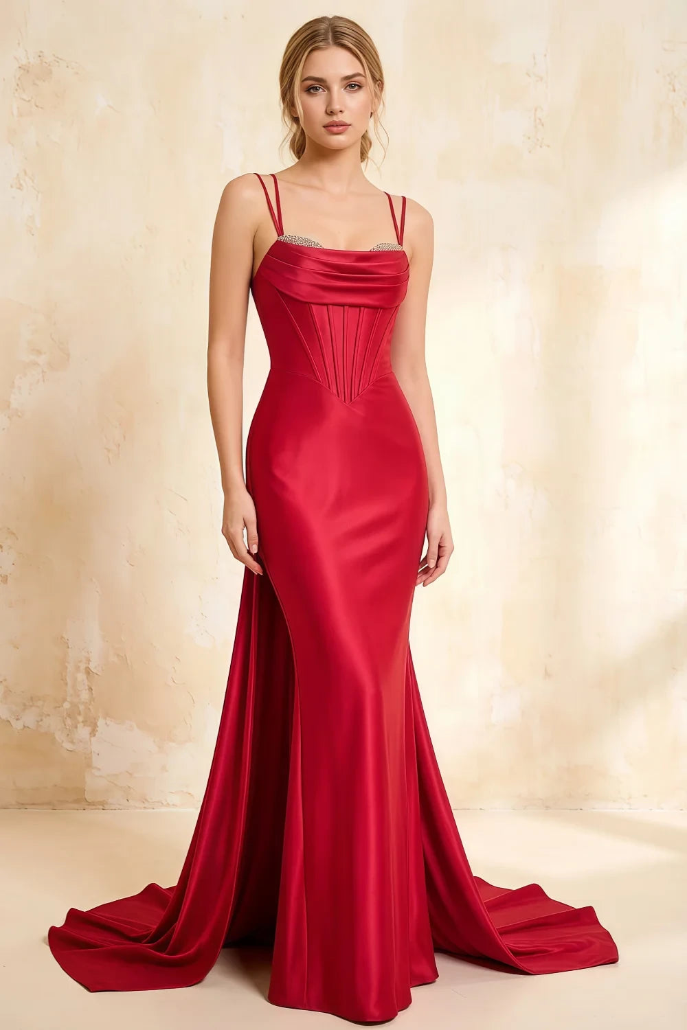 Ivy Red Satin Rhinestones Corset Maxi Dress