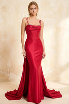 Ivy Red Satin Rhinestones Corset Maxi Dress