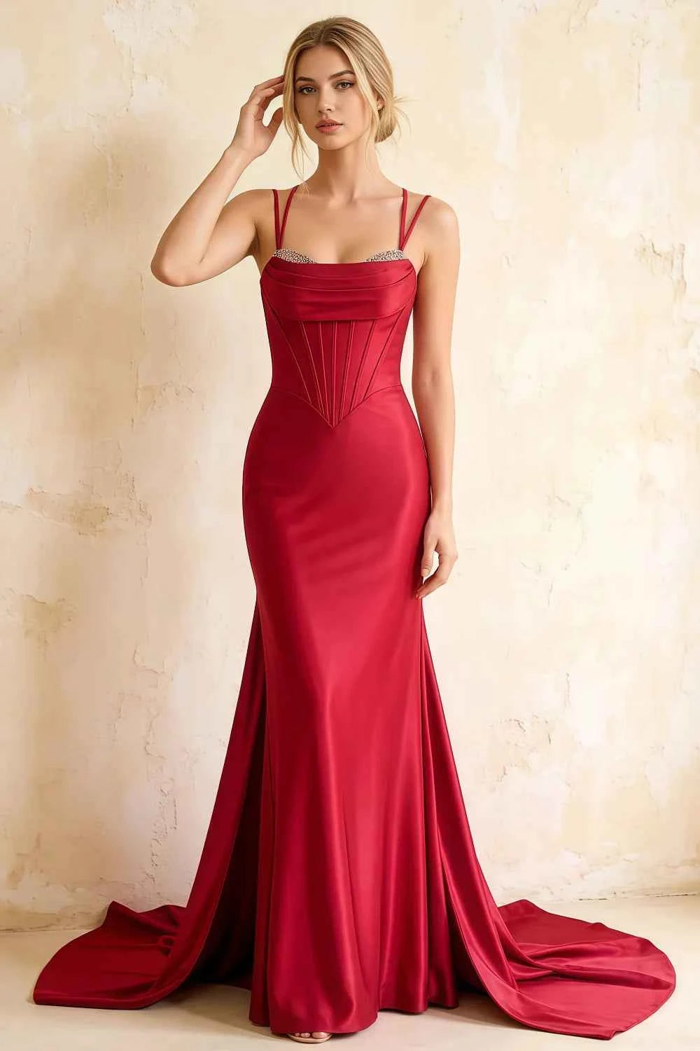 Ivy Red Satin Rhinestones Corset Maxi Dress