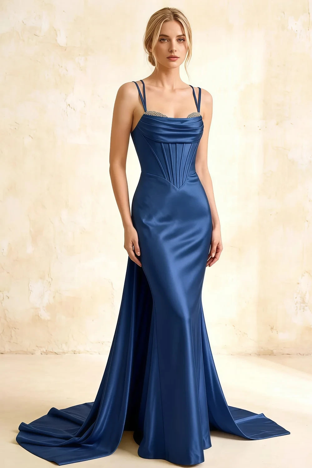 Ivy Royal Blue Satin Rhinestones Corset Maxi Dress