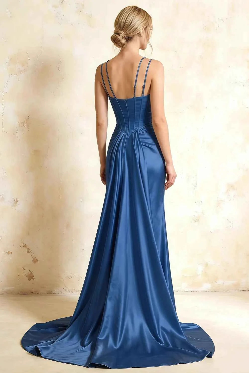 Ivy Royal Blue Satin Rhinestones Corset Maxi Dress