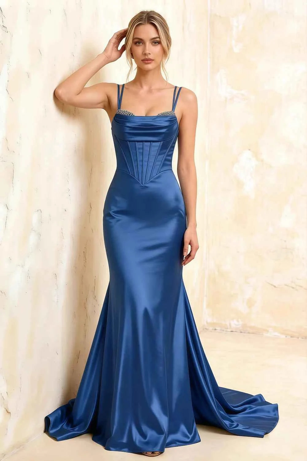 Ivy Royal Blue Satin Rhinestones Corset Maxi Dress