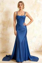 Ivy Royal Blue Satin Rhinestones Corset Maxi Dress