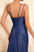 Ivy Royal Blue Satin Rhinestones Corset Maxi Dress