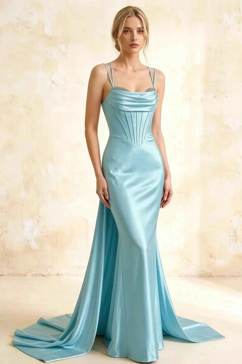 Ivy Sky Blue Satin Rhinestones Corset Maxi Dress Imagen principal del producto