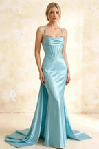Ivy Sky Blue Satin Rhinestones Corset Maxi Dress