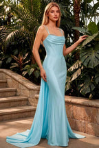 Ivy Sky Blue Satin Rhinestones Corset Maxi Dress
