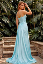 Ivy Sky Blue Satin Rhinestones Corset Maxi Dress
