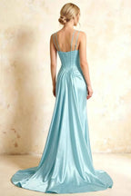 Ivy Sky Blue Satin Rhinestones Corset Maxi Dress