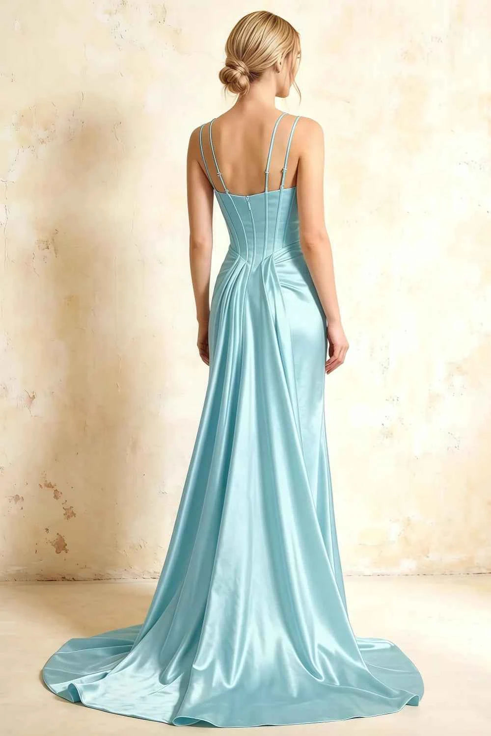 Ivy Sky Blue Satin Rhinestones Corset Maxi Dress