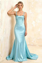 Ivy Sky Blue Satin Rhinestones Corset Maxi Dress