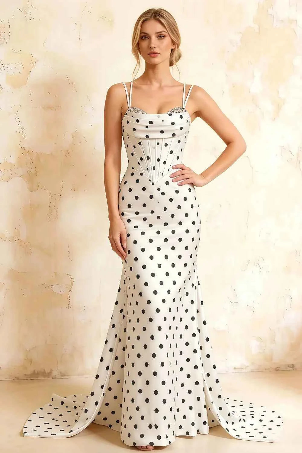 Ivy White Polka Dot Rhinestones Corset Maxi Dress