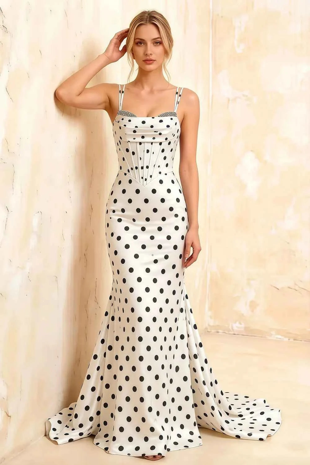 Ivy White Polka Dot Rhinestones Corset Maxi Dress