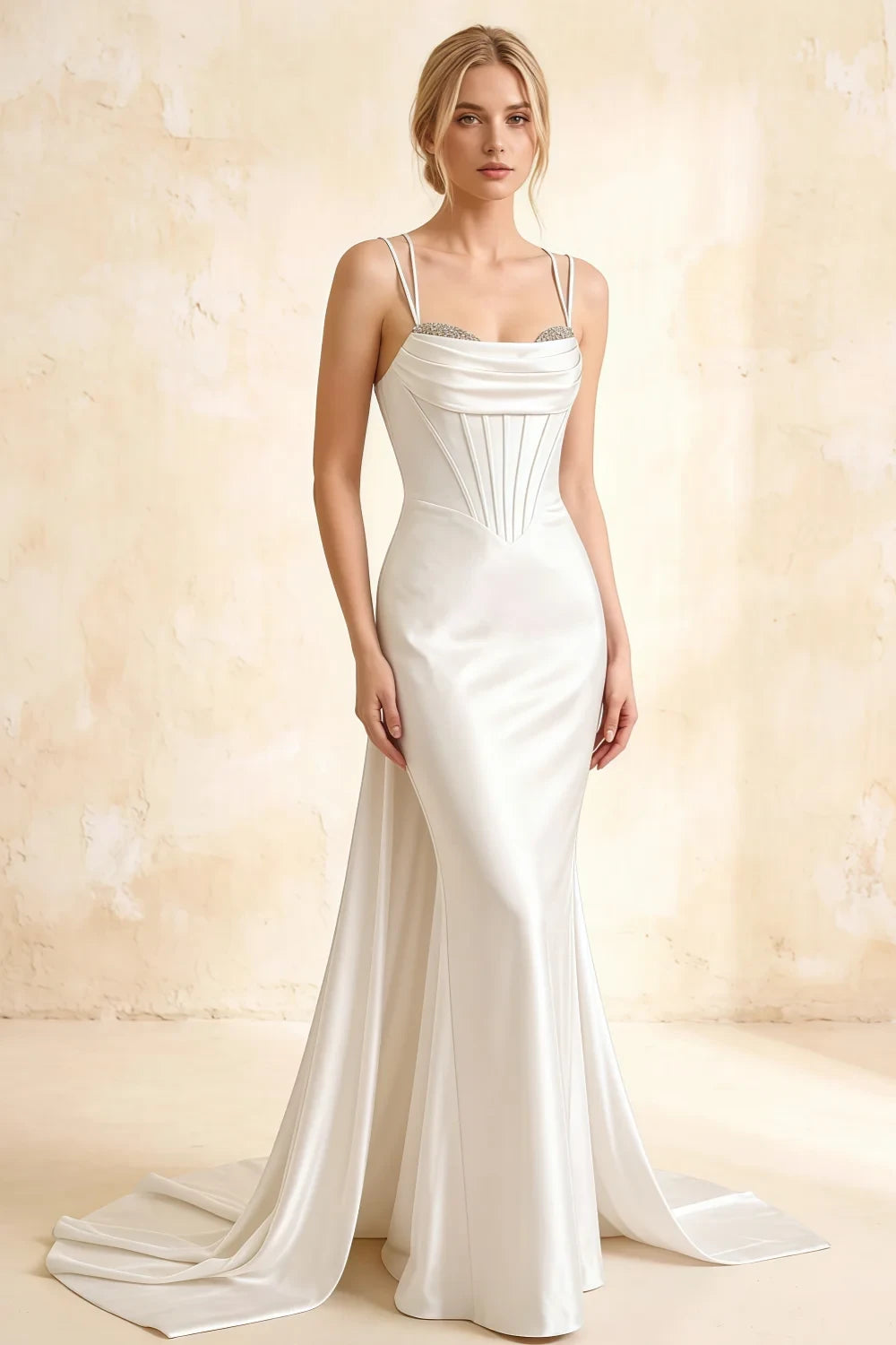 Ivy White Satin Rhinestones Corset Maxi Dress