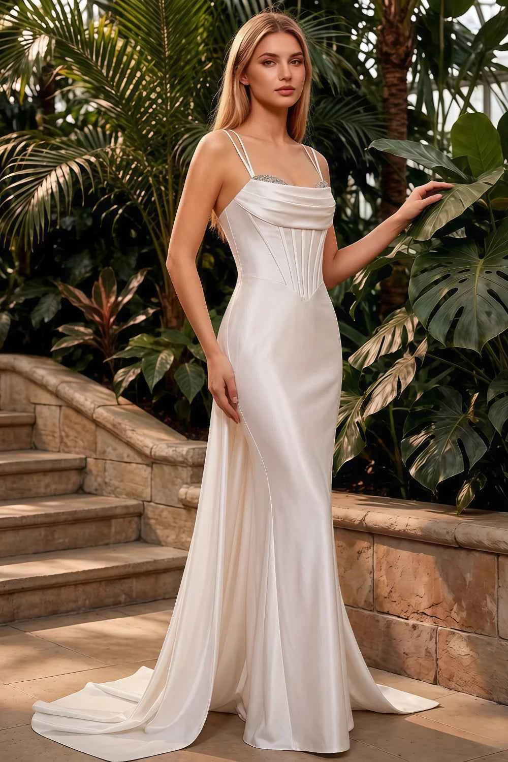 Ivy White Satin Rhinestones Corset Maxi Dress