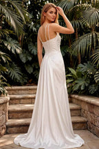 Ivy White Satin Rhinestones Corset Maxi Dress