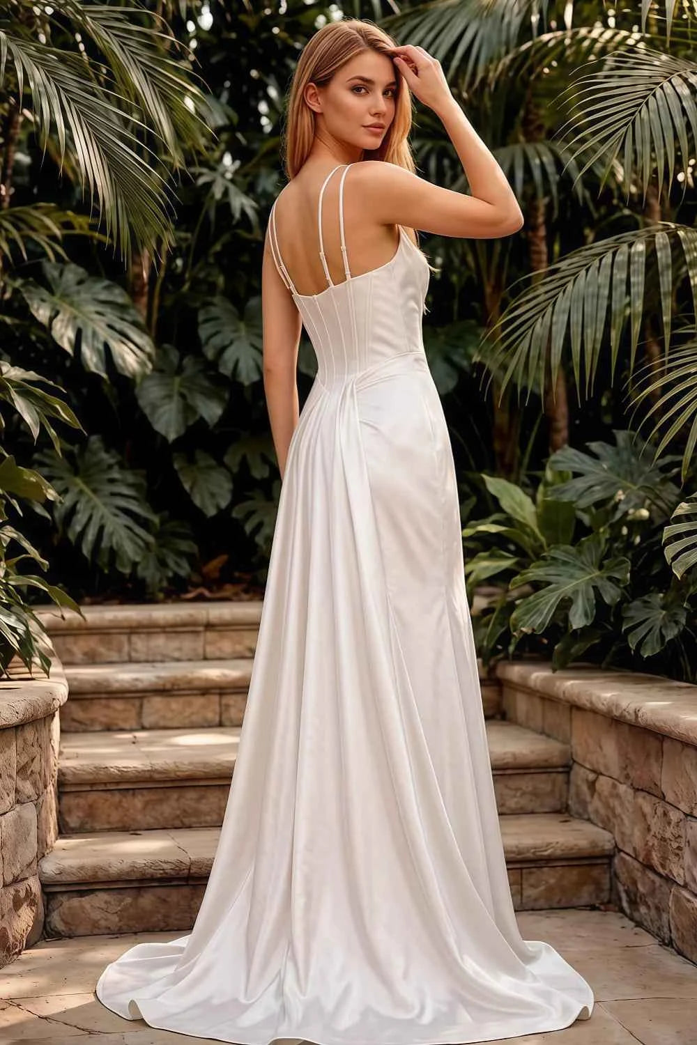Ivy White Satin Rhinestones Corset Maxi Dress