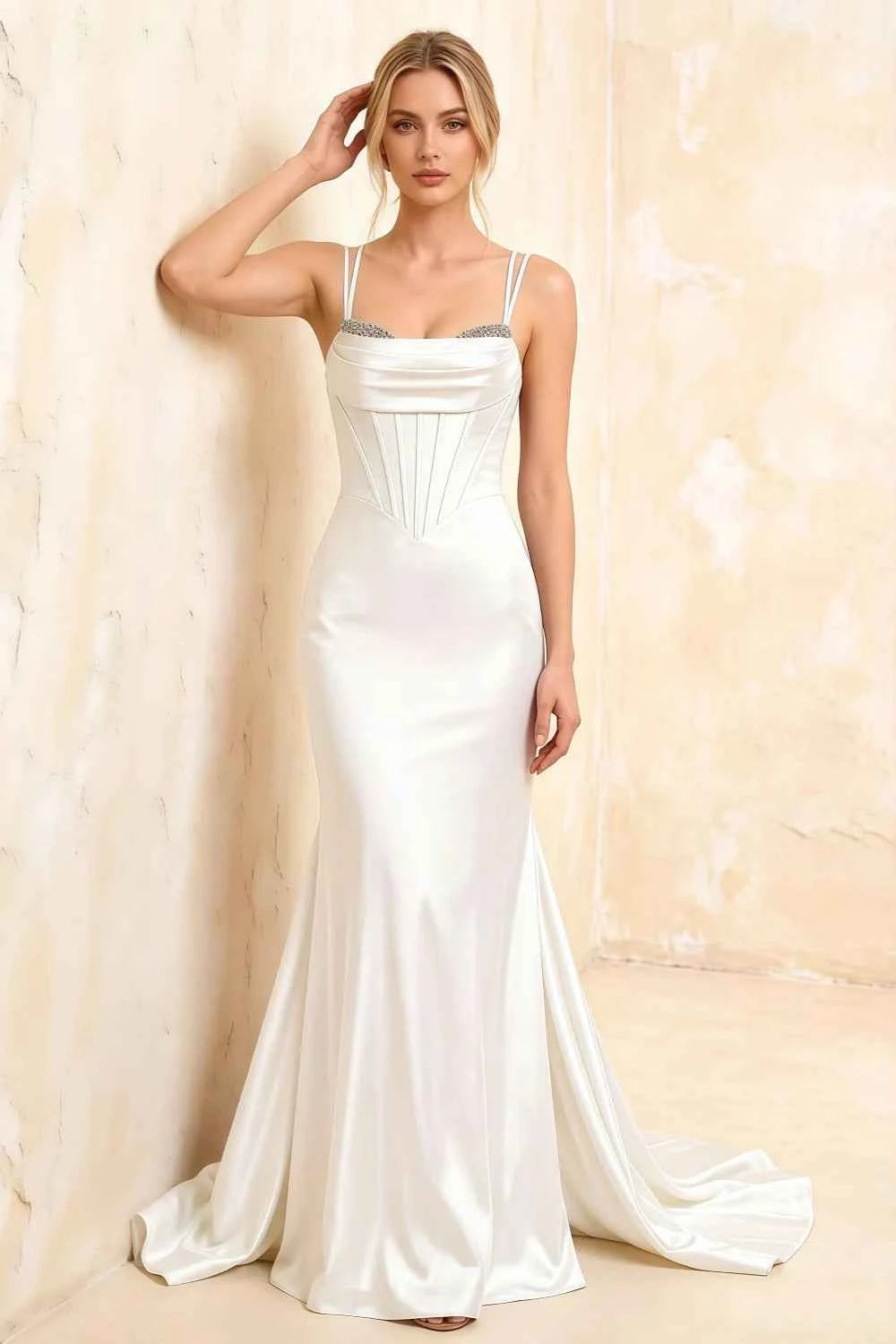 Ivy White Satin Rhinestones Corset Maxi Dress