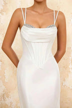 Ivy White Satin Rhinestones Corset Maxi Dress