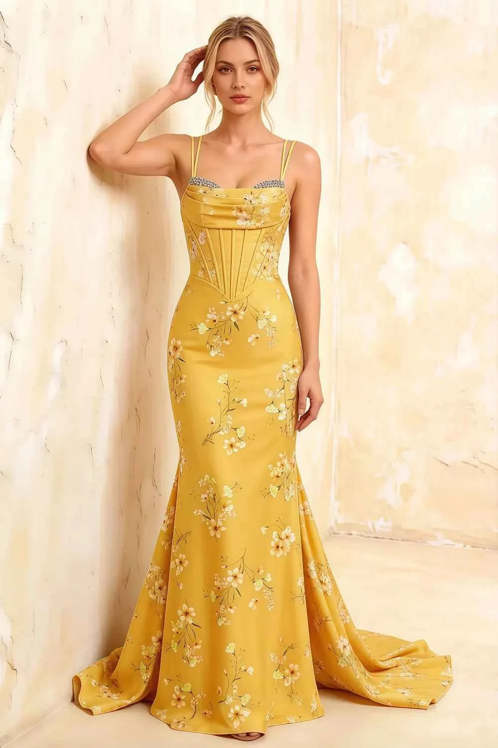 Ivy Yellow Floral Rhinestones Corset Maxi Dress Imagen principal del producto