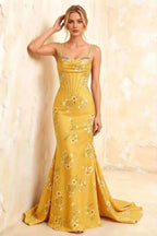 Ivy Yellow Floral Rhinestones Corset Maxi Dress
