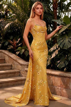 Ivy Yellow Floral Rhinestones Corset Maxi Dress