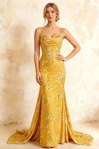 Ivy Yellow Floral Rhinestones Corset Maxi Dress