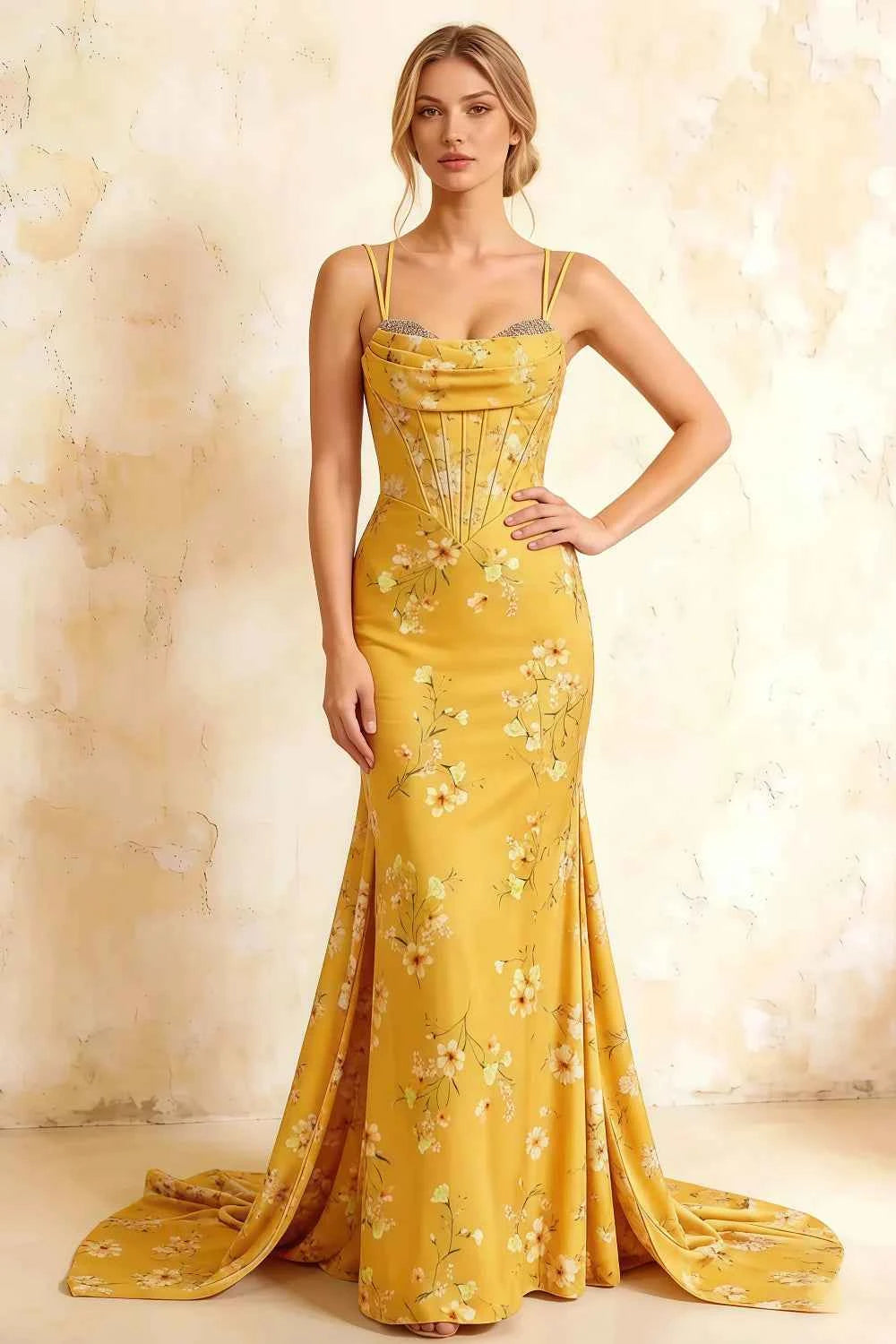 Ivy Yellow Floral Rhinestones Corset Maxi Dress