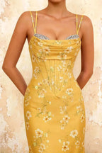 Ivy Yellow Floral Rhinestones Corset Maxi Dress