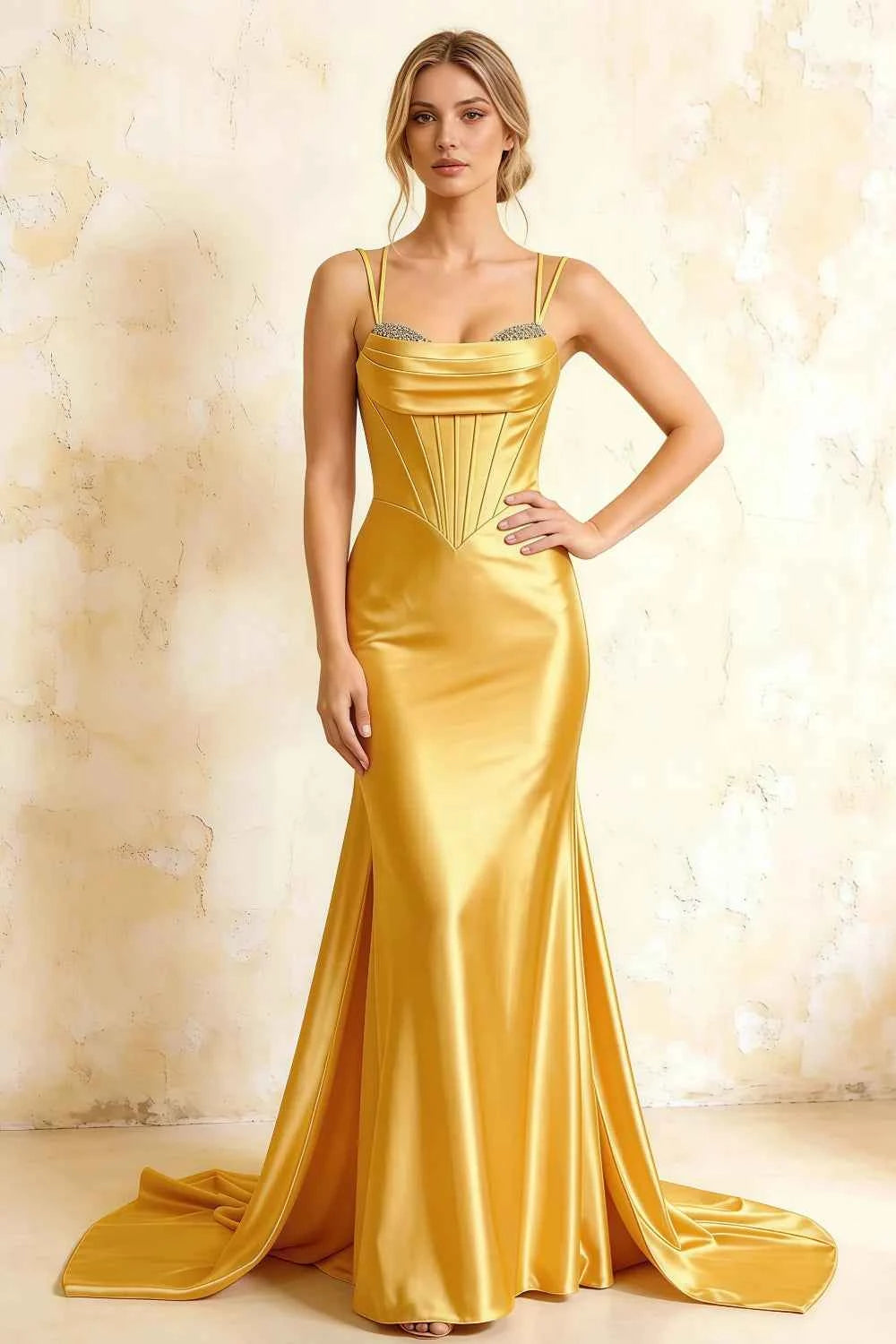 Ivy Yellow Satin Rhinestones Corset Maxi Dress Imagen principal del producto