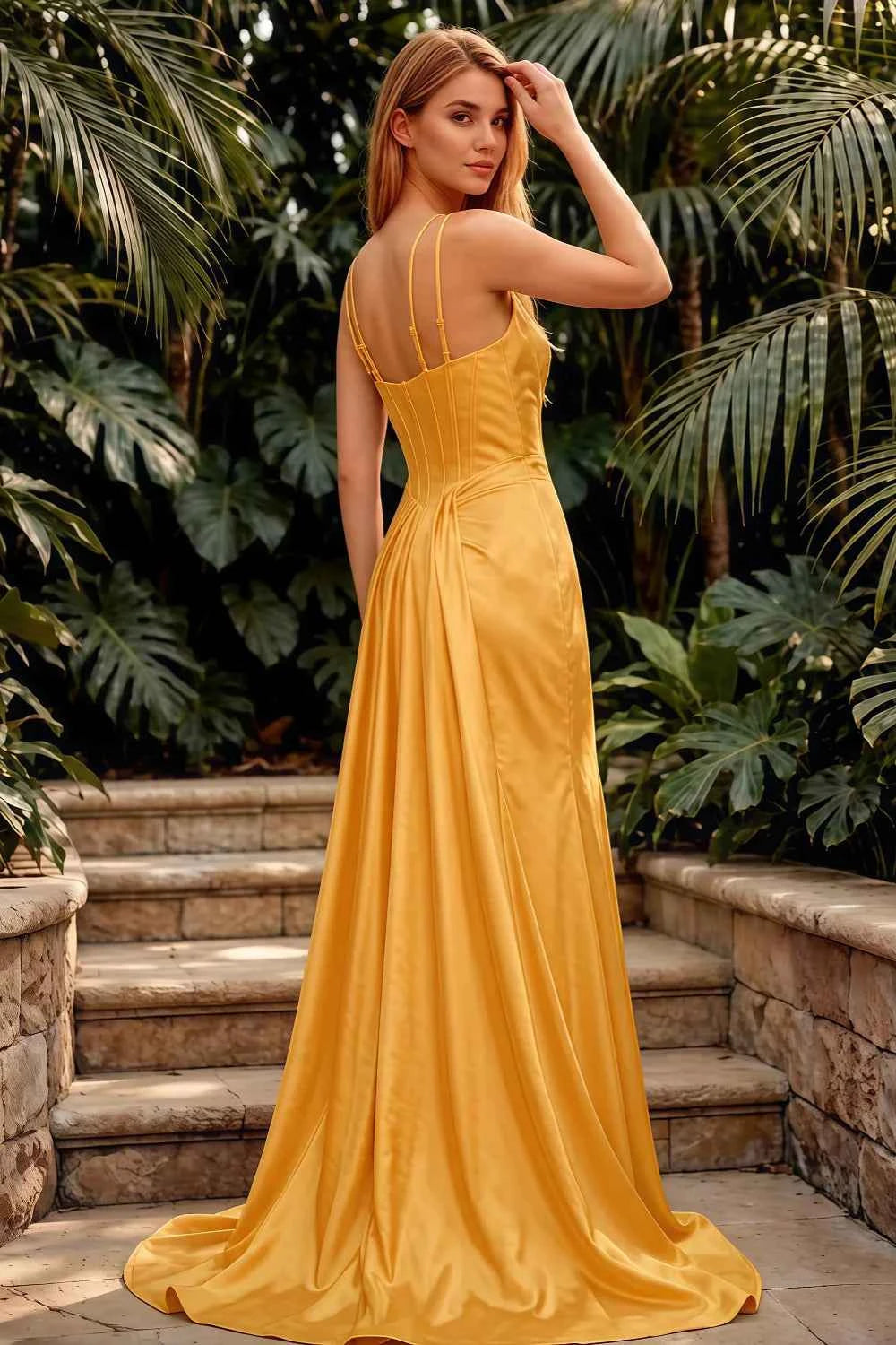 Ivy Yellow Satin Rhinestones Corset Maxi Dress