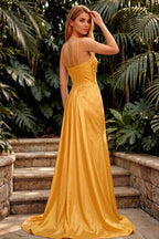 Ivy Yellow Satin Rhinestones Corset Maxi Dress