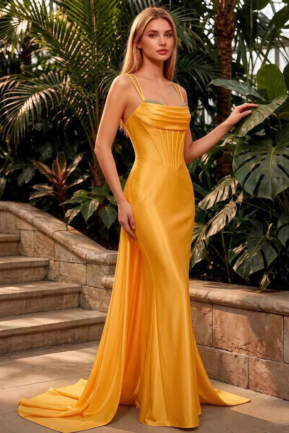 Ivy Yellow Satin Rhinestones Corset Maxi Dress