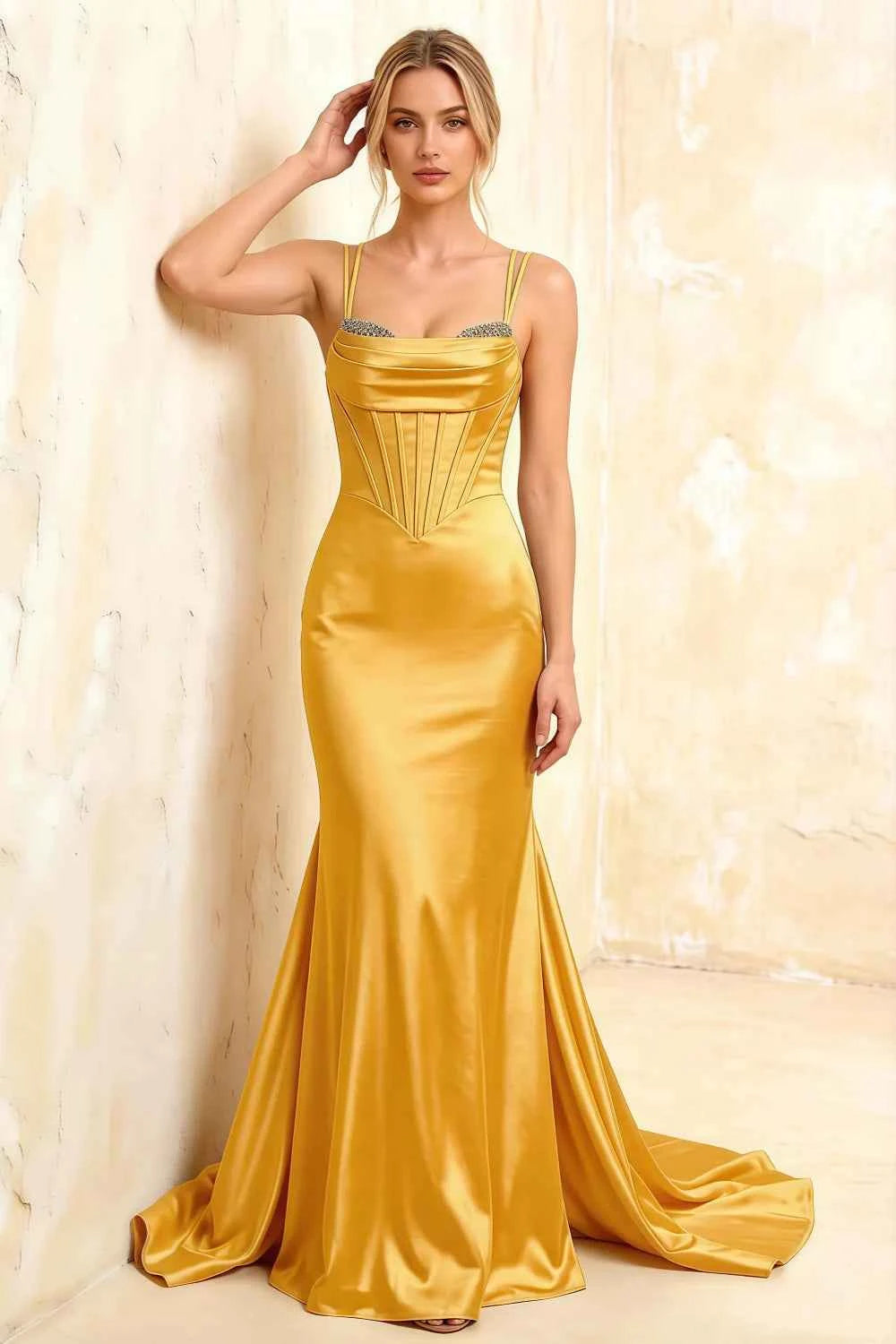 Ivy Yellow Satin Rhinestones Corset Maxi Dress