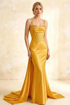 Ivy Yellow Satin Rhinestones Corset Maxi Dress