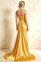 Ivy Yellow Satin Rhinestones Corset Maxi Dress
