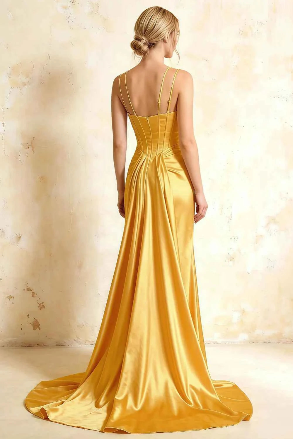Ivy Yellow Satin Rhinestones Corset Maxi Dress