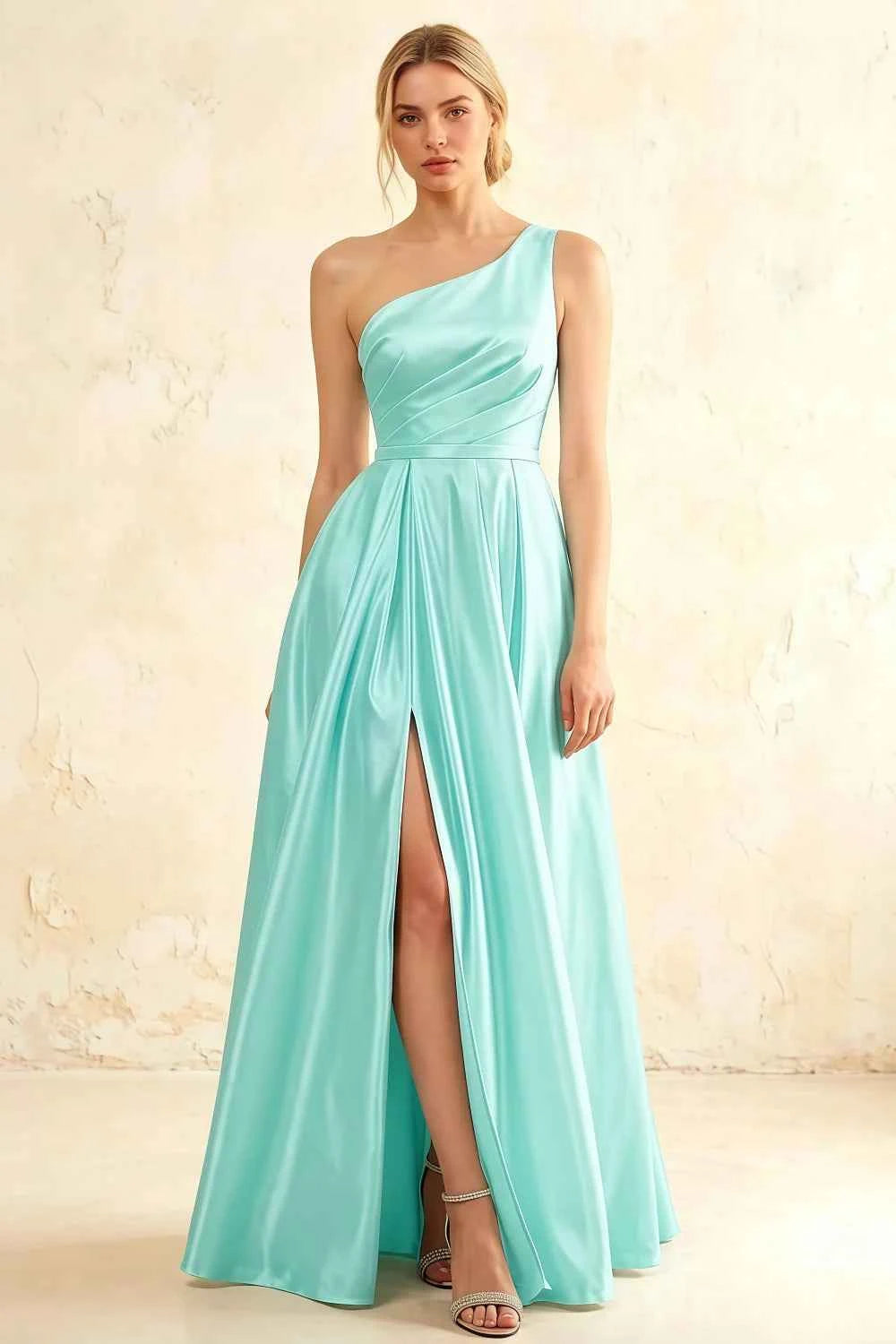 Jacqueline Aqua Satin A-line One Shoulder Maxi Dress