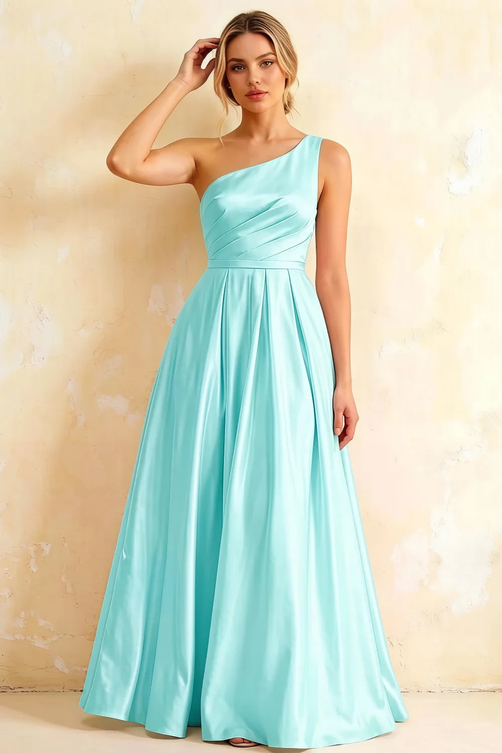 Jacqueline Aqua Satin A-line One Shoulder Maxi Dress