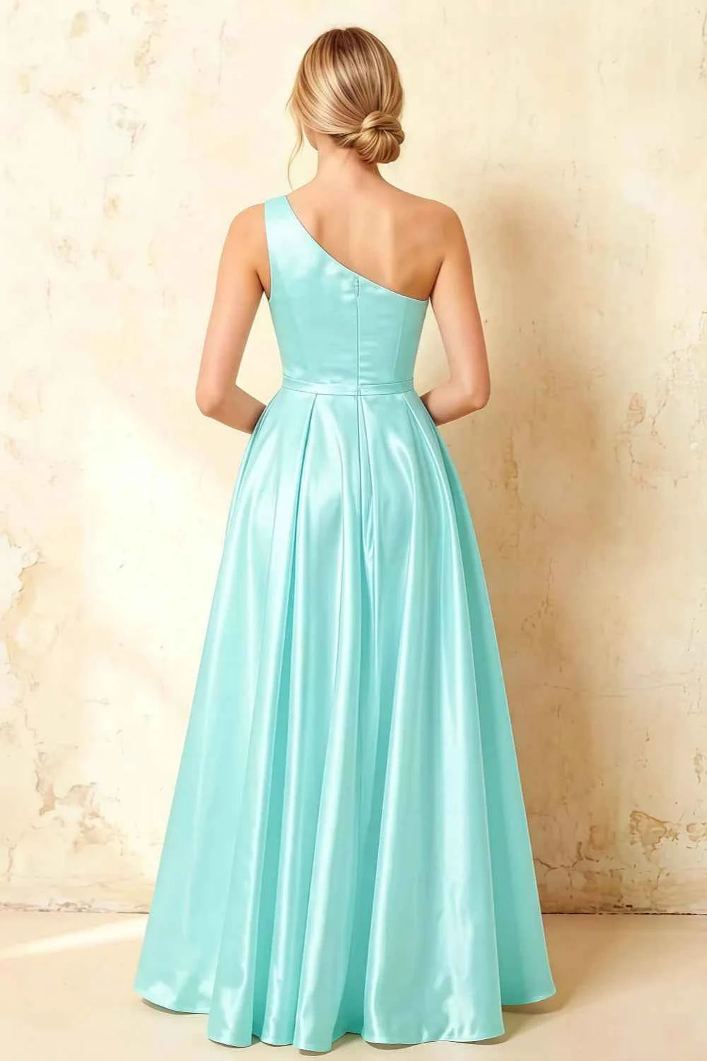 Jacqueline Aqua Satin A-line One Shoulder Maxi Dress
