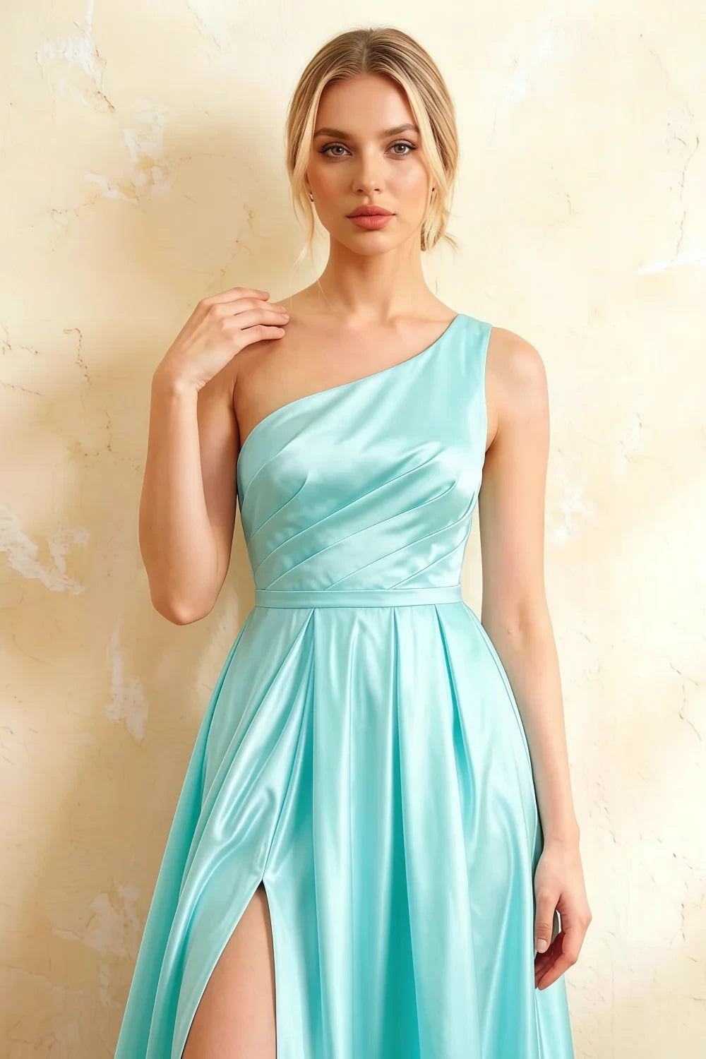 Jacqueline Aqua Satin A-line One Shoulder Maxi Dress
