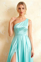 Jacqueline Aqua Satin A-line One Shoulder Maxi Dress