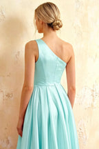 Jacqueline Aqua Satin A-line One Shoulder Maxi Dress