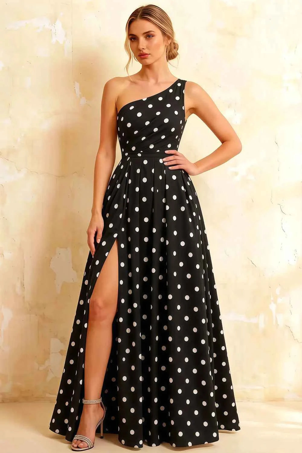 Jacqueline Black Polka Dot A-line One Shoulder Maxi Dress